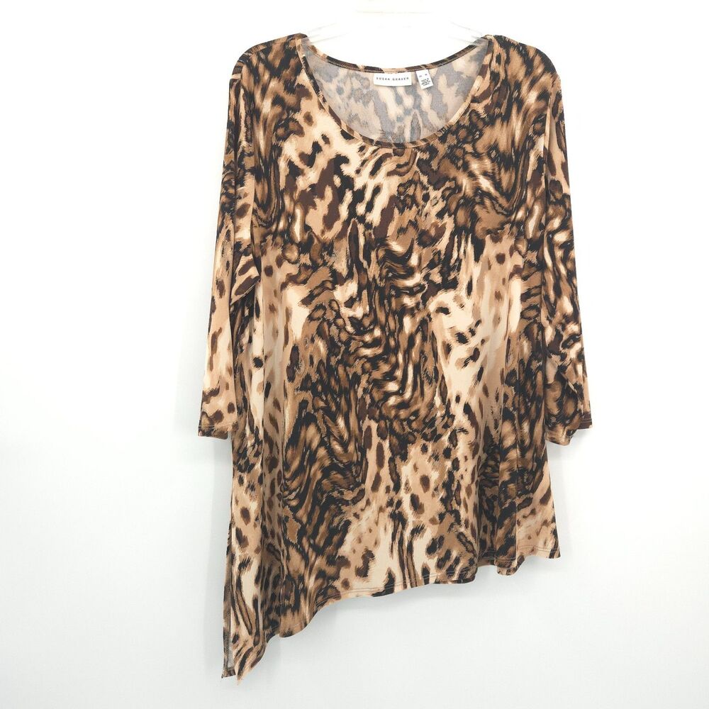 Susan Graver liquid knit asymmetrical tunic top Size XL animal print 3/4 sleeve